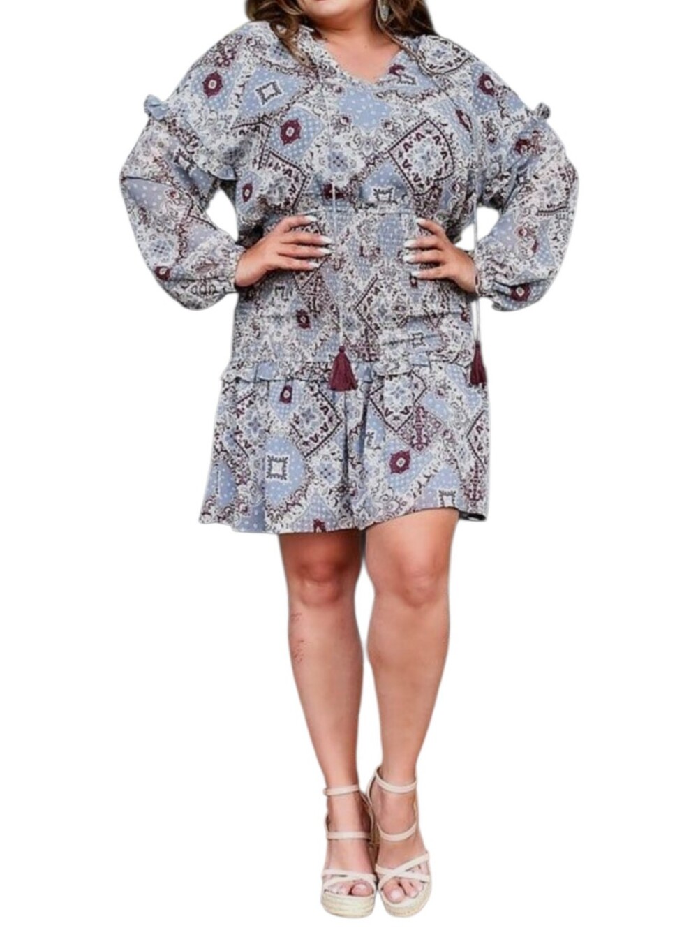 Perfectly Priscilla It's Your Moment Long Sleeve Boho-Chic Paisley Mini Dress 2X